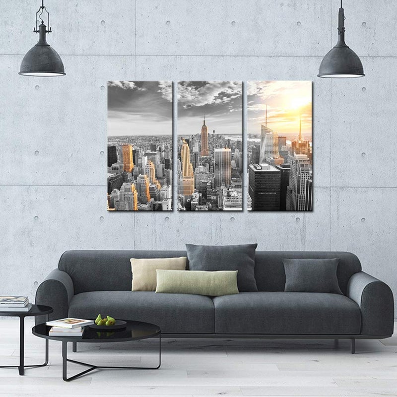 LevvArts Large 3 Piece New York City Canvas Wall Art Modern Black and White NYC at Gold Sunset Picture Prints Cityscape Skyline Poster Framed for Home Office Living Room Decor - Image 3